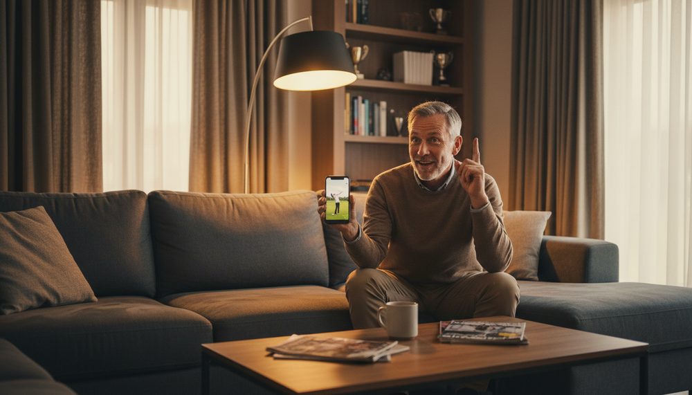 A golfer having a lightbulb moment watching his own swing video
