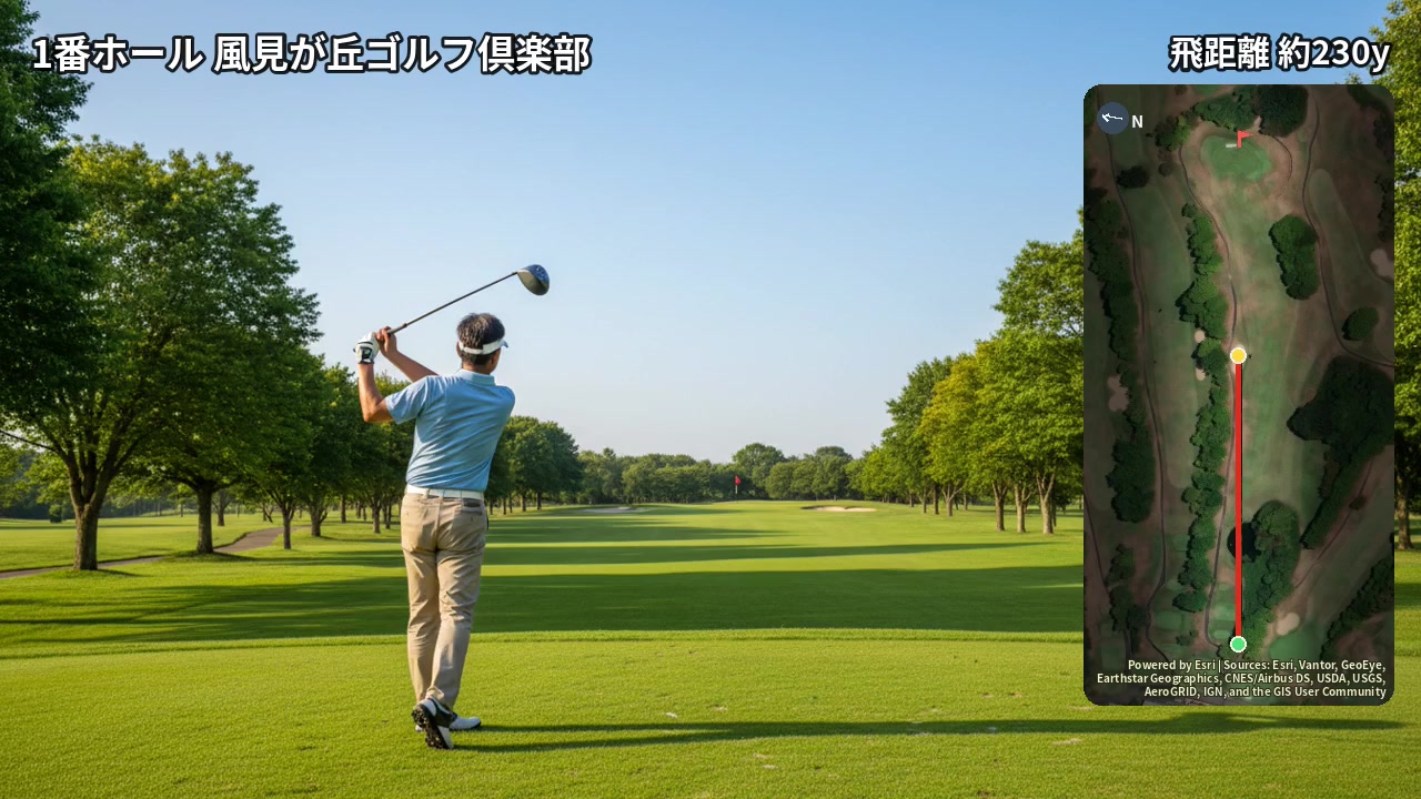 生成動画のイメージ: ティーショット(テロップ・ホールマップ付き)